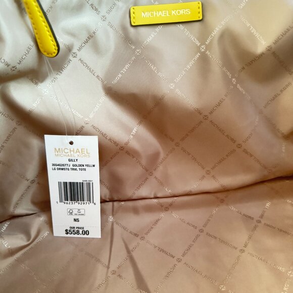 Michael Kors Gilly LG Drawstring Shoulder Tote Bag MK Graphic Logo Golden Yellow - Picture 12 of 15